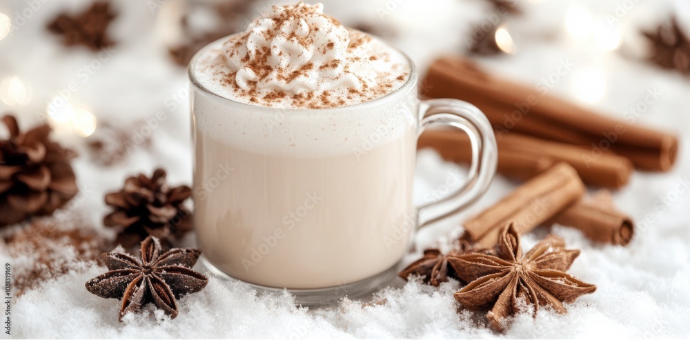 Cozy Winter Drink with Whipped Cream and Spices on Snowy Background Cozy Winter Drink with Whipped Cream and Spices on Snowy Background