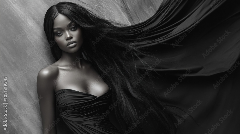 Naklejka premium Elegant woman in flowing black dress with long hair against textured backdrop, AI