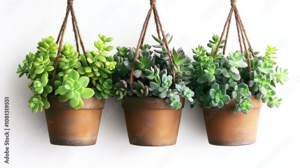 Three Succulents Hanging in Terracotta Pots Three Succulents Hanging in Terracotta Pots