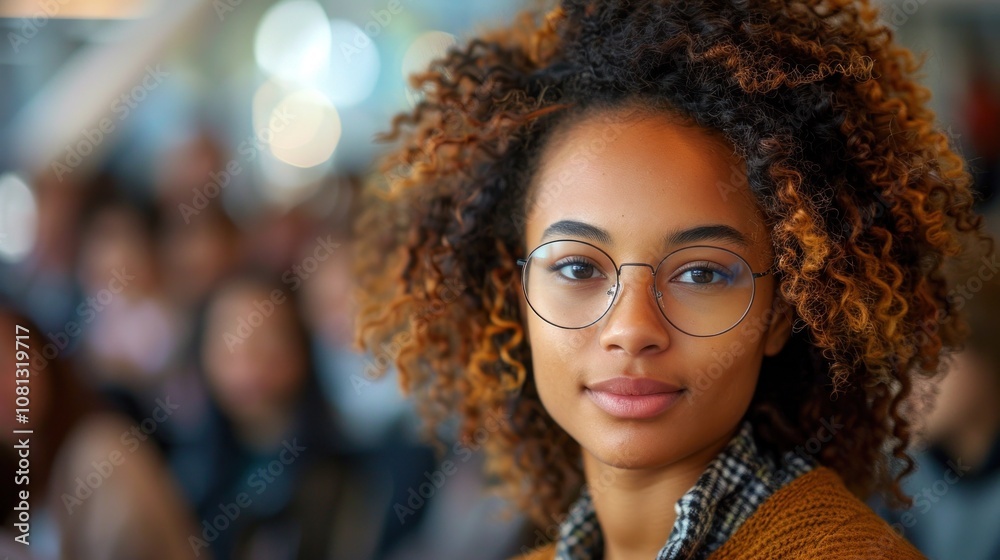 A close-up portrait of an African American female student sitting in a lecture. A close-up portrait of an African American female student sitting in a lecture.