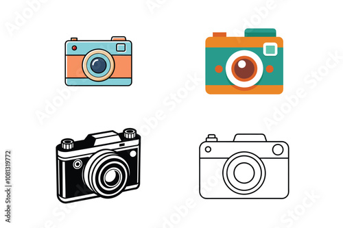 set of old cameras on white background 