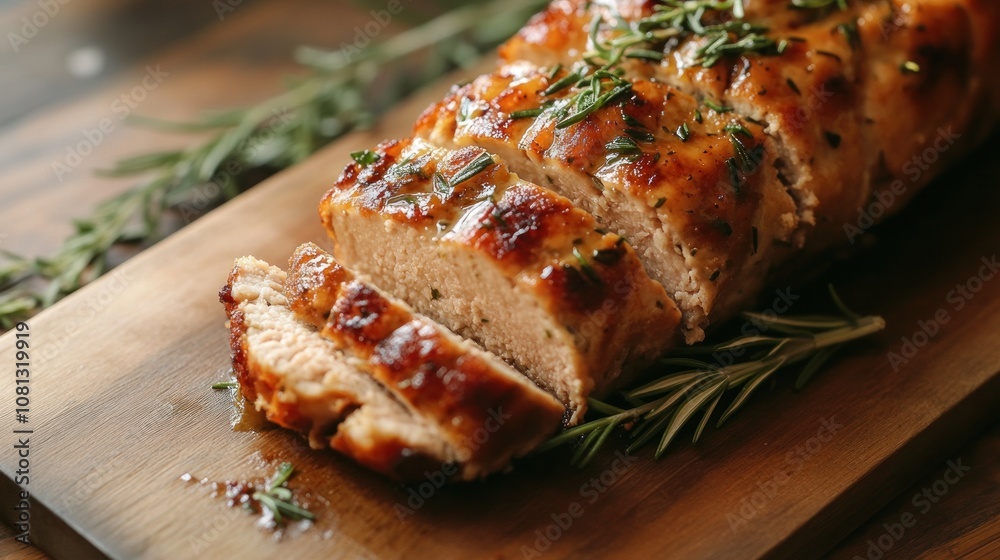 Chicken meatloaf sliced on a cutting board, rich texture, garnished with rosemary 