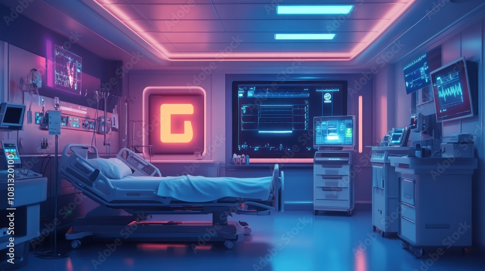 Futuristic hospital room with neon lights, a patient bed, medical equipment, and screens displaying medical data. Futuristic hospital room with neon lights, a patient bed, medical equipment, and screens displaying medical data.