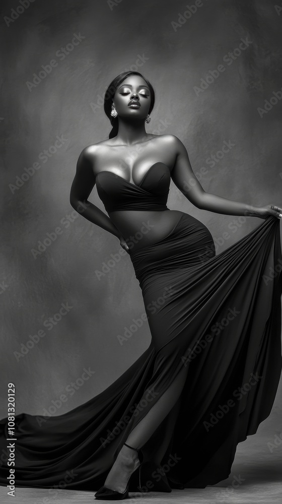 Elegant woman in a flowing black gown poses confidently in a dramatic setting, AI Elegant woman in a flowing black gown poses confidently in a dramatic setting, AI