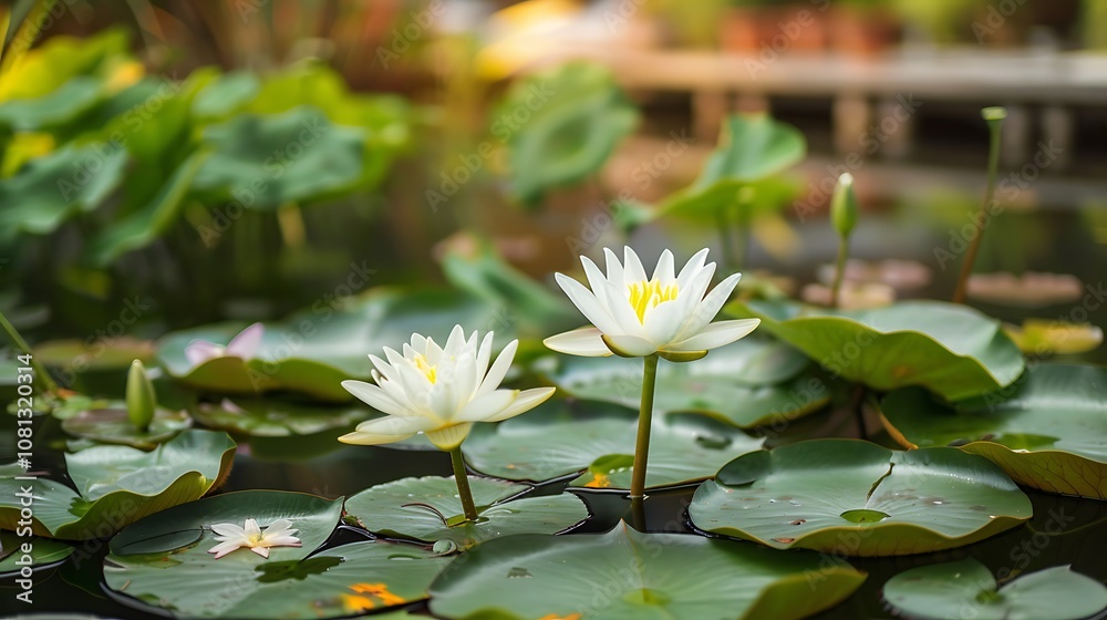 A serene pond scene featuring white water lilies blooming among green lily pads.