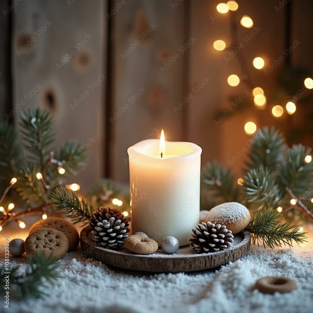 christmas still life with candle and decorations christmas still life with candle and decorations