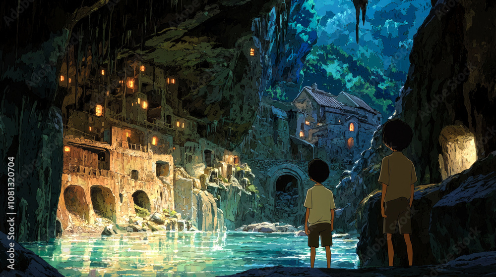 Fototapeta premium Two young boys stand in front of a mystical cave city, illuminated by the moonlight. The city is built into the cliffs, and there is a waterfall flowing into a still lagoon in the foreground.