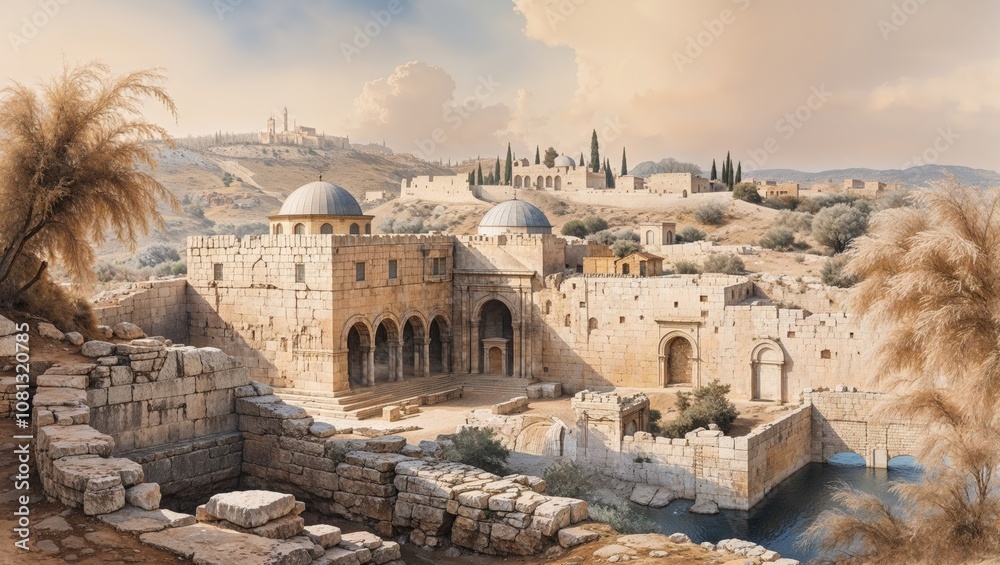 Fototapeta premium Ancient Jerusalem Historical Site with City Walls and Domes