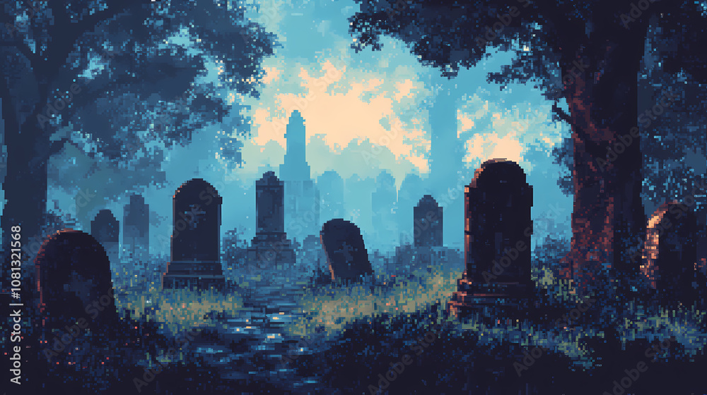 Pixel art graveyard with ghostly tombstones and eerie fog. Phantasm. Illustration