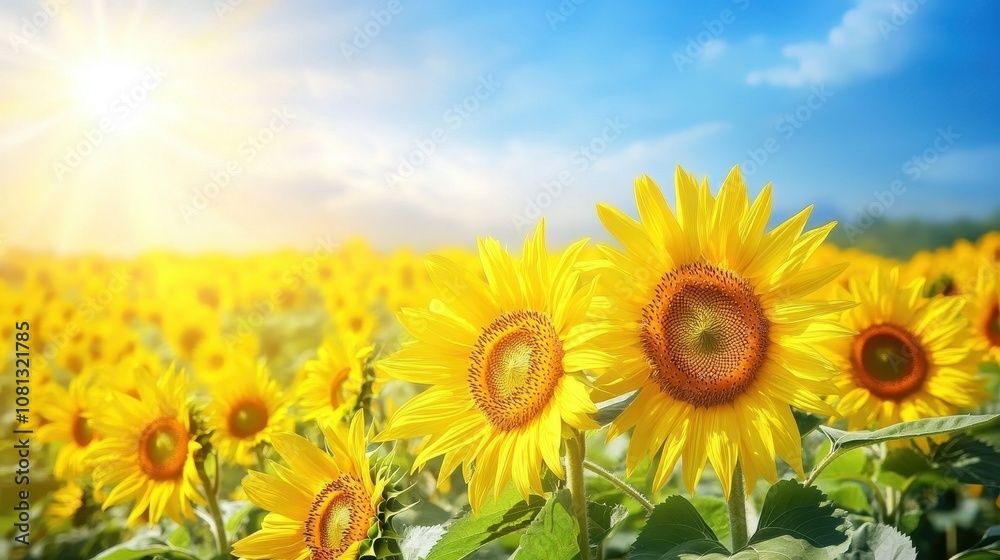 Field of sunflowers under bright sun. Perfect for projects about nature, summer, or happiness. Field of sunflowers under bright sun. Perfect for projects about nature, summer, or happiness.