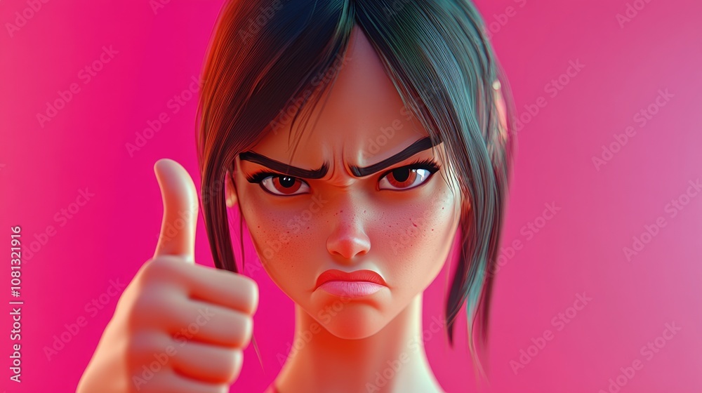 Displeased woman making a thumb down gesture expressing disapproval or negativity Displeased woman making a thumb down gesture expressing disapproval or negativity
