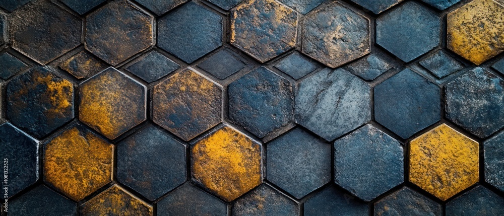 Hexagonal tiles in dark and gold hues create a textured surface. Hexagonal tiles in dark and gold hues create a textured surface.