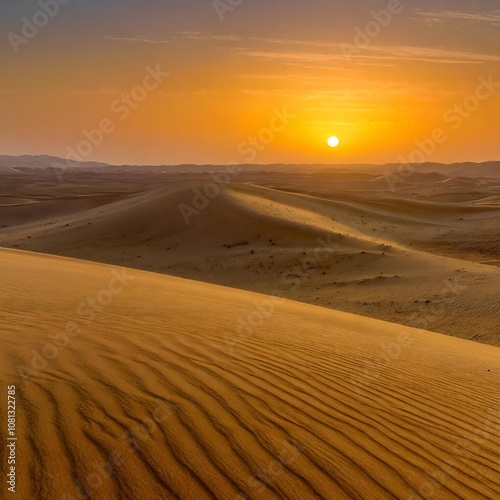 Vivid Sunset Over a Vast Desert Landscape, With Sand Dunes Rolling Into the Distance and Shadows Stretching Across the Golden Sands, Under a Deep Orange Sky