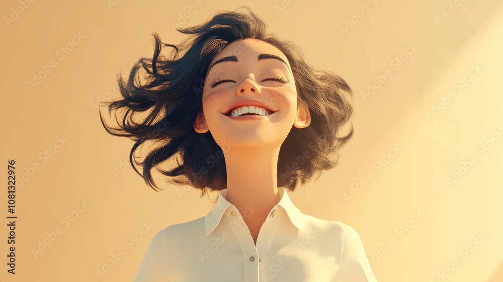 Cheerful woman in a white shirt reveling in the breeze against a soft beige background perfect for lifestyle and fashion themes