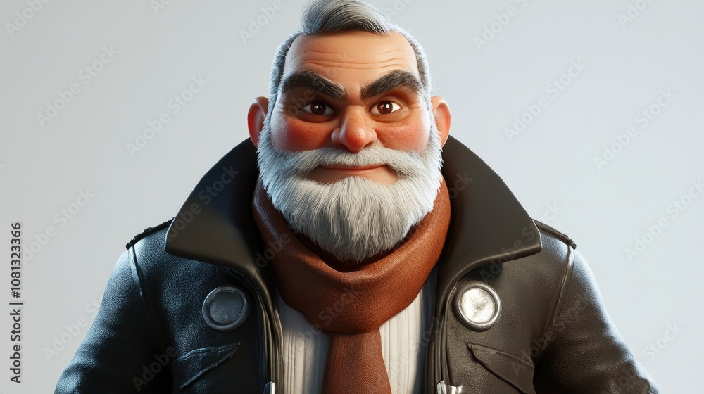 Confident senior man with beard wearing a leather jacket and scarf exuding charisma against a clean white background Confident senior man with beard wearing a leather jacket and scarf exuding charisma against a clean white background