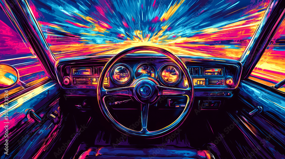 A car speeding through a colorful sunset. A car speeding through a colorful sunset.