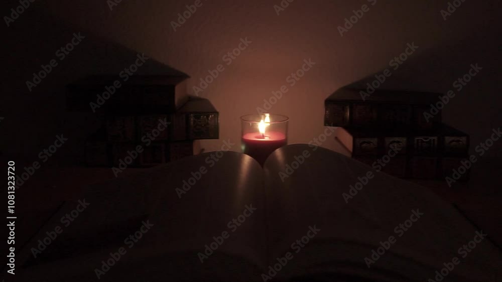 Libro abierto con vela para iluminar en la noche para estudiar