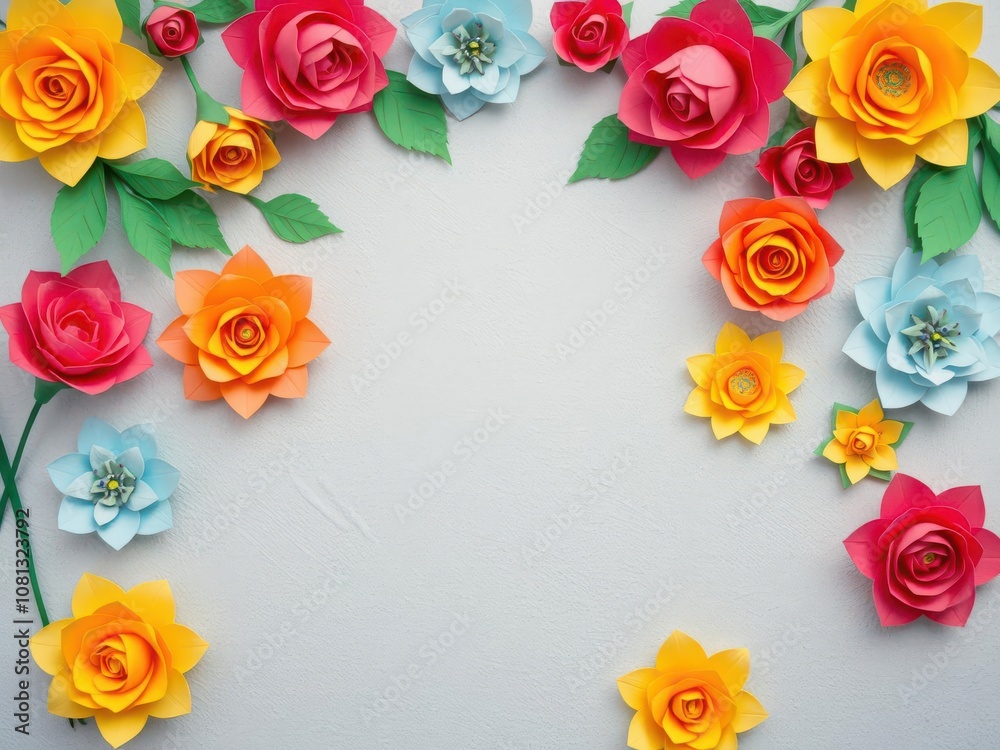 Backdrop of colorful paper roses in shades of pink, red, orange, and yellow, crafts, floral Backdrop of colorful paper roses in shades of pink, red, orange, and yellow, crafts, floral