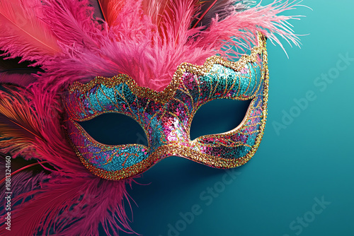 Flat vector illustration of traditional masquerade mask with feathers and sequins.