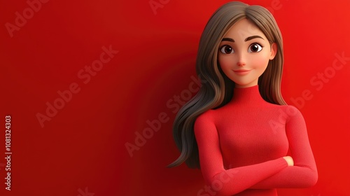Charming 3D Cartoon Girl Posing on a Red and Gray Background