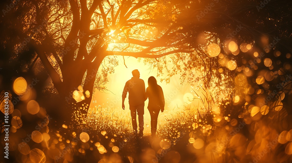 A couple walking hand in hand through a sunlit forest, surrounded by a warm, golden glow. A couple walking hand in hand through a sunlit forest, surrounded by a warm, golden glow.