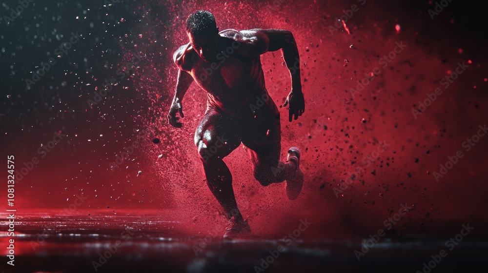 Naklejka premium Athlete sprints through a vibrant red mist, embodying power and determination, AI
