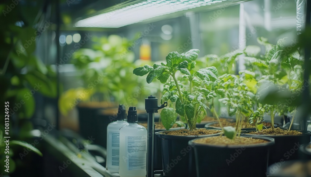 A closeup of hydroponic equipment in a greenhouse, Sustainable Farming, Controlled and innovative A closeup of hydroponic equipment in a greenhouse, Sustainable Farming, Controlled and innovative