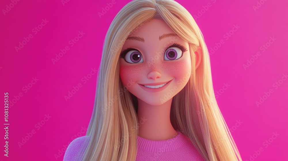 Joyful blonde woman with long straight hair smiling blissfully envisioning a wedding and family set against a vibrant pink background