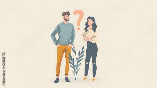 A man and woman standing with a plant, expressing curiosity or contemplation.