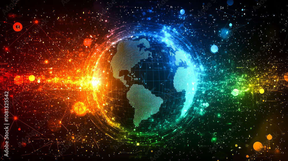 A glowing digital globe. A glowing digital globe.