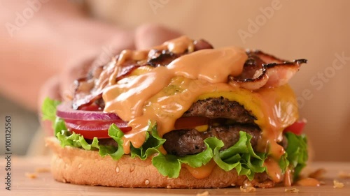 The chef prepares a burger and seasons the patty with cheese sauce. Male chef hand pressing juicy burger dripping sauce.