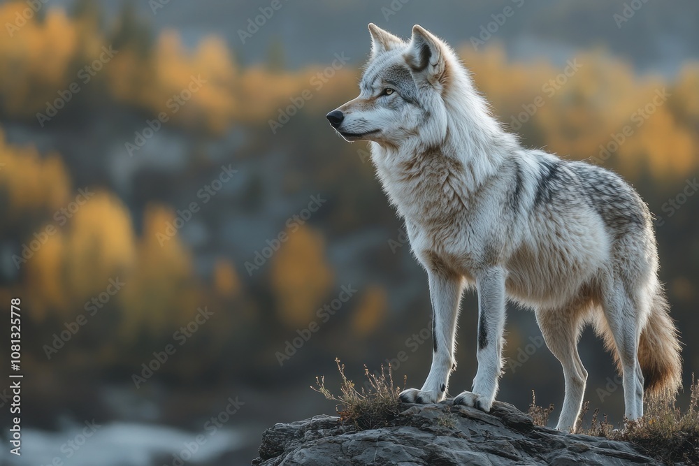 Fototapeta premium A lone wolf stands on a rocky outcrop, looking out at the autumn landscape.