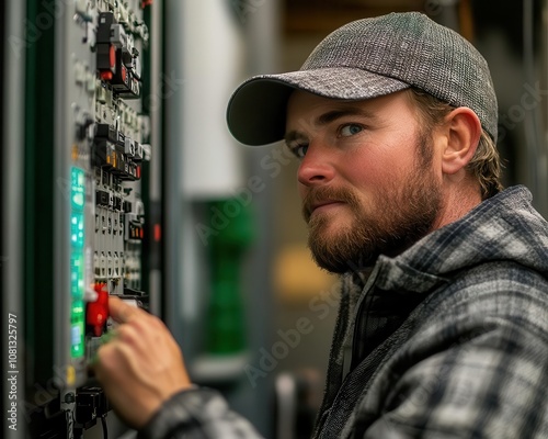 A farmer inspecting an automated irrigation system, Water Management, Efficient and smart