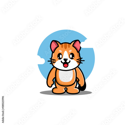 Cute cartoon orange cat with white belly, standing on two legs, blue sky background with clouds