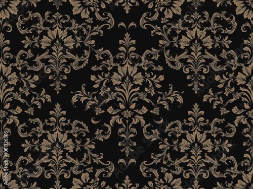 Intricate seamless gothic damask wallpaper design in black and white, fabric, seamless