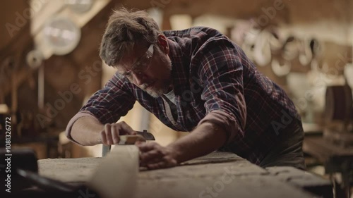 Sandpaper is sanding wood on work bench, as a experienced carpenter moving it around in slow-motion