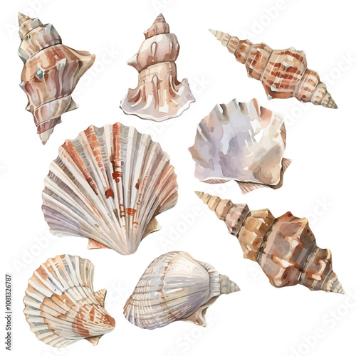 A watercolor vector of a set of conch seashells, isolated on a white background. Conch seashells vector.