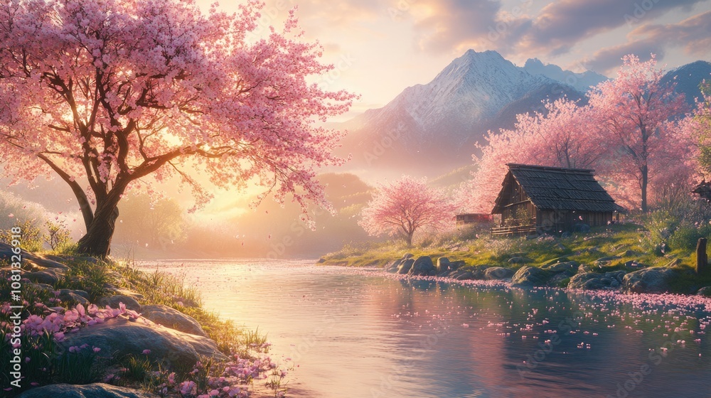 Fototapeta premium traditional Japanese old house at countryside of Japan with blooming pink Sakura or Cherry blossom and Fuji mountain at background.