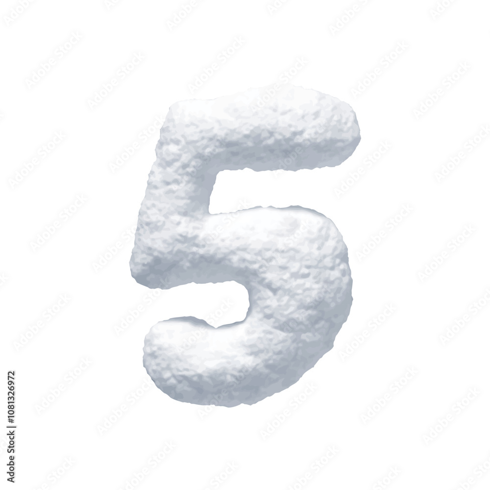 Number 5 made of snow realistic 3d design isolated on background. Five sign made from snowy white texture. Vector illustration Number 5 made of snow realistic 3d design isolated on background. Five sign made from snowy white texture. Vector illustration
