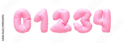 Collection of Inflated balloons numbers from 0 to 4 isolated on a white background. Realistic 3d design. Set of numbers made of rumpled latex material pink soft pastel color. Vector illustration