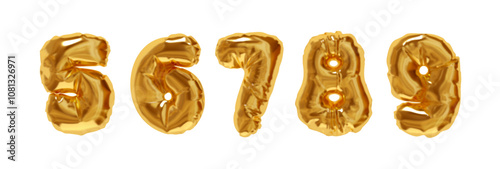 Collection of Inflated balloons numbers from 5 to 9 isolated on a white background. Realistic 3d design. Set of numbers made of rumpled latex material gold gradient colors. Vector illustration