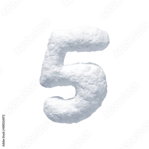Number 5 made of snow realistic 3d design isolated on background. Five sign made from snowy white texture. Vector illustration