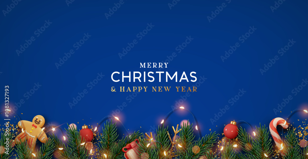 © lauritta - Christmas border with fir branches and decoration ornaments elements on blue background. Realistic 3d design. Bright Christmas and New Year background light garland, gold confetti. Vector illustration © lauritta - Christmas border with fir branches and decoration ornaments elements on blue background. Realistic 3d design. Bright Christmas and New Year background light garland, gold confetti. Vector illustration