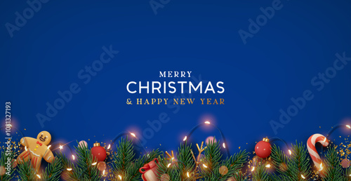 Christmas border with fir branches and decoration ornaments elements on blue background. Realistic 3d design. Bright Christmas and New Year background light garland, gold confetti. Vector illustration