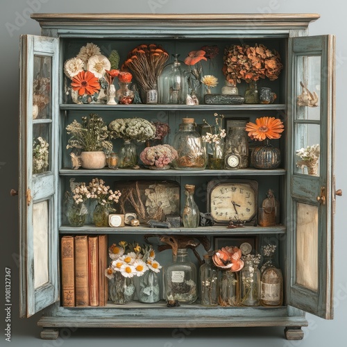 An antique cabinet filled with various vintage items, including dried flowers, glass bottles, antique clocks, and books.