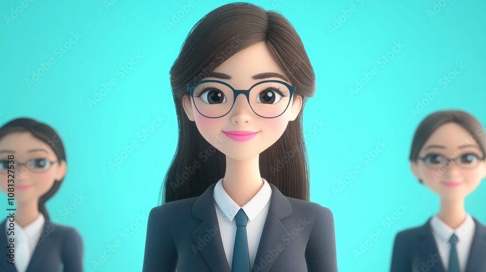 Charming 3D Cartoon Asian Businesswomen on a Bright Background Charming 3D Cartoon Asian Businesswomen on a Bright Background