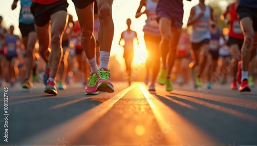 Group of Runners Participating in a Marathon at Sunrise with Vibrant Colors and Energetic Atmosphere photo