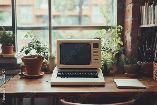 A vintage computer sits on a desk in a home office, surrounded by plants and a notebook.