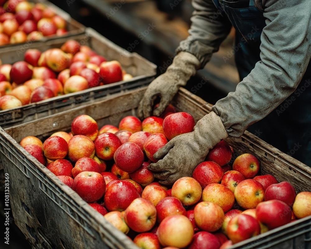 A worker packing harvested apples into crates, Produce Packing, Organized and efficient A worker packing harvested apples into crates, Produce Packing, Organized and efficient