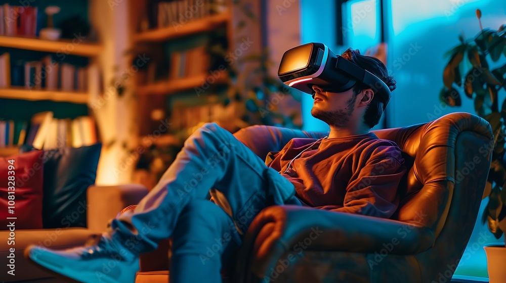 A person enjoying virtual reality in a cozy setting, immersed in an engaging digital experience. A person enjoying virtual reality in a cozy setting, immersed in an engaging digital experience.